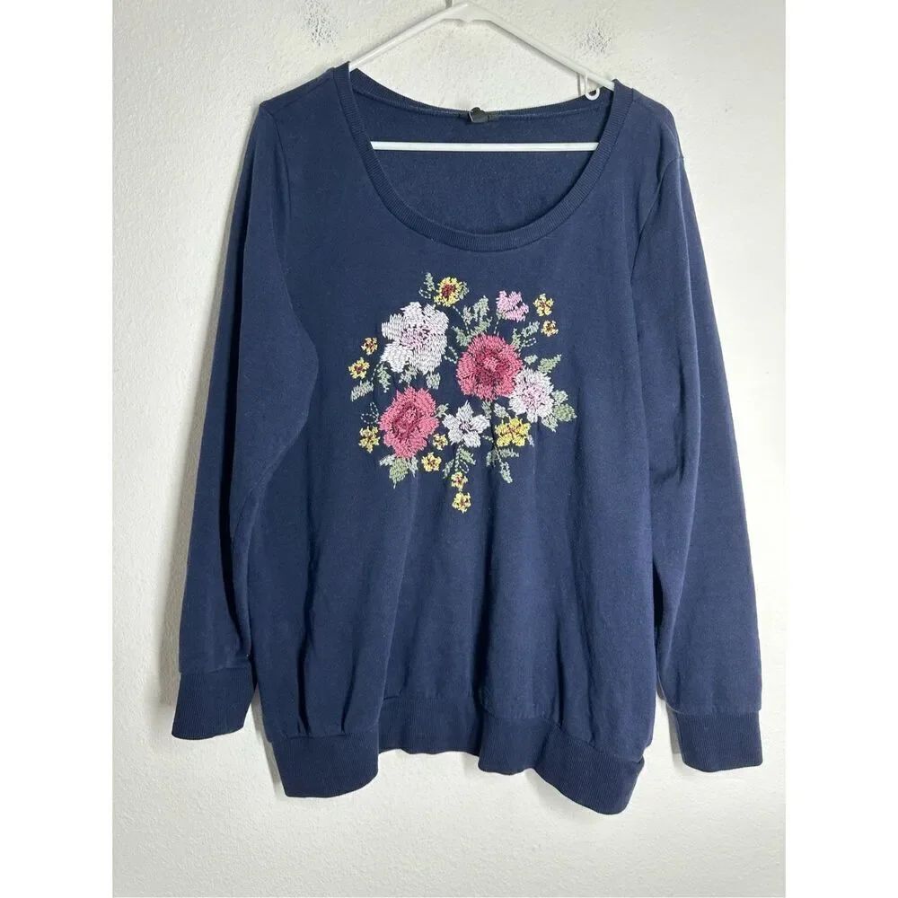 Torrid Bohemian Navy Blue Embroidered Floral Sweater Sweatshirt Size 1X